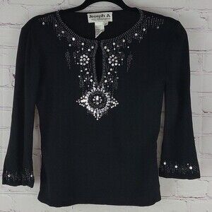 Joseph A. Black 3/4 sleeve Sequins and Beaded Top With Key Hole Neckline. Size M